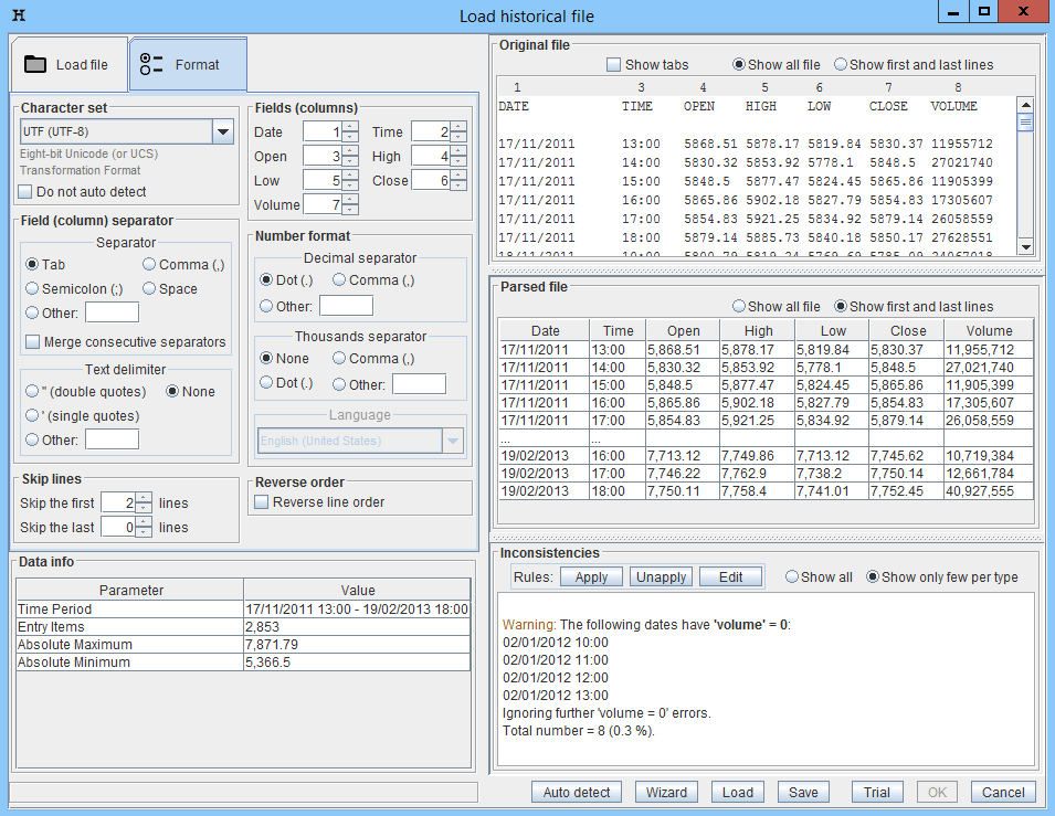 Parse historical data file